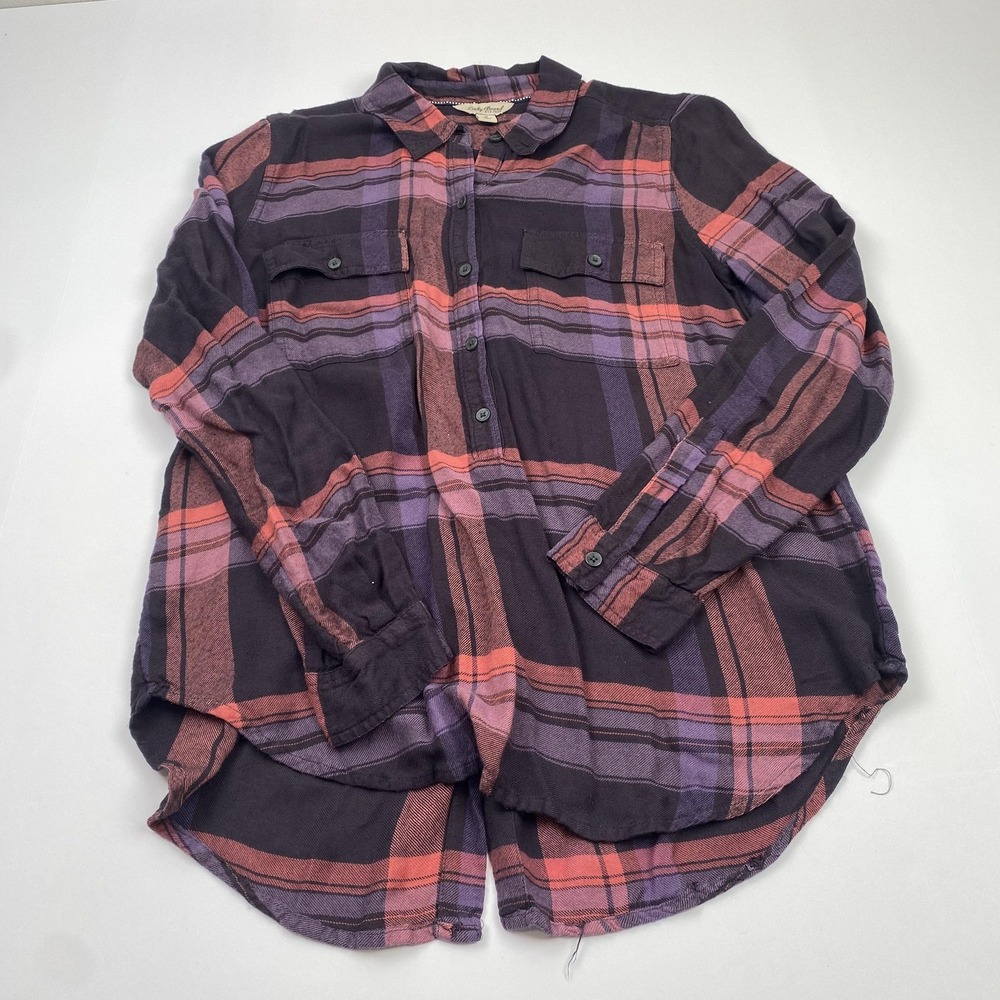 Lucky Brand Shirt Womens Small Purple Plaid Long Sleeve Button Front Tunic Top